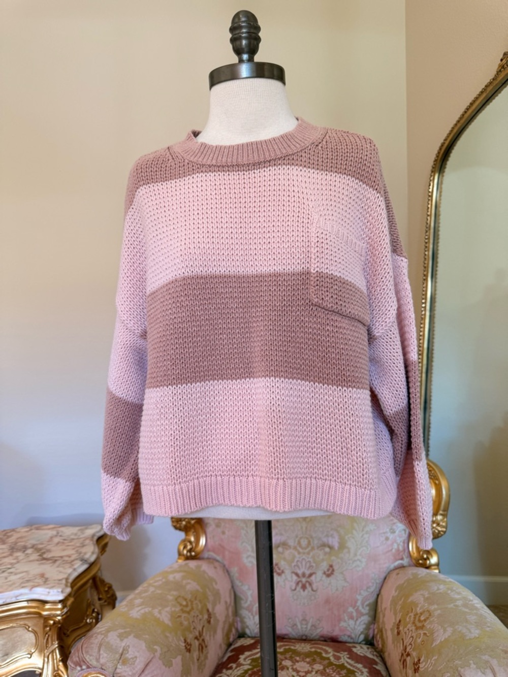 American Eagle Outfitters Striped Crewneck Sweater in Pink and Mauve
